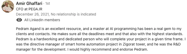 LinkedIn recommendation from Amir Ghaffari, CFO