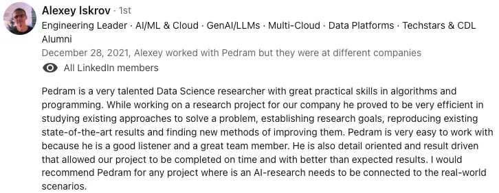 LinkedIn recommendation from Alexey Iskrov, Engineering Leader