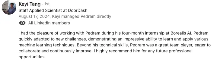 LinkedIn recommendation from Keyi Tang, Staff Applied Scientist at DoorDash